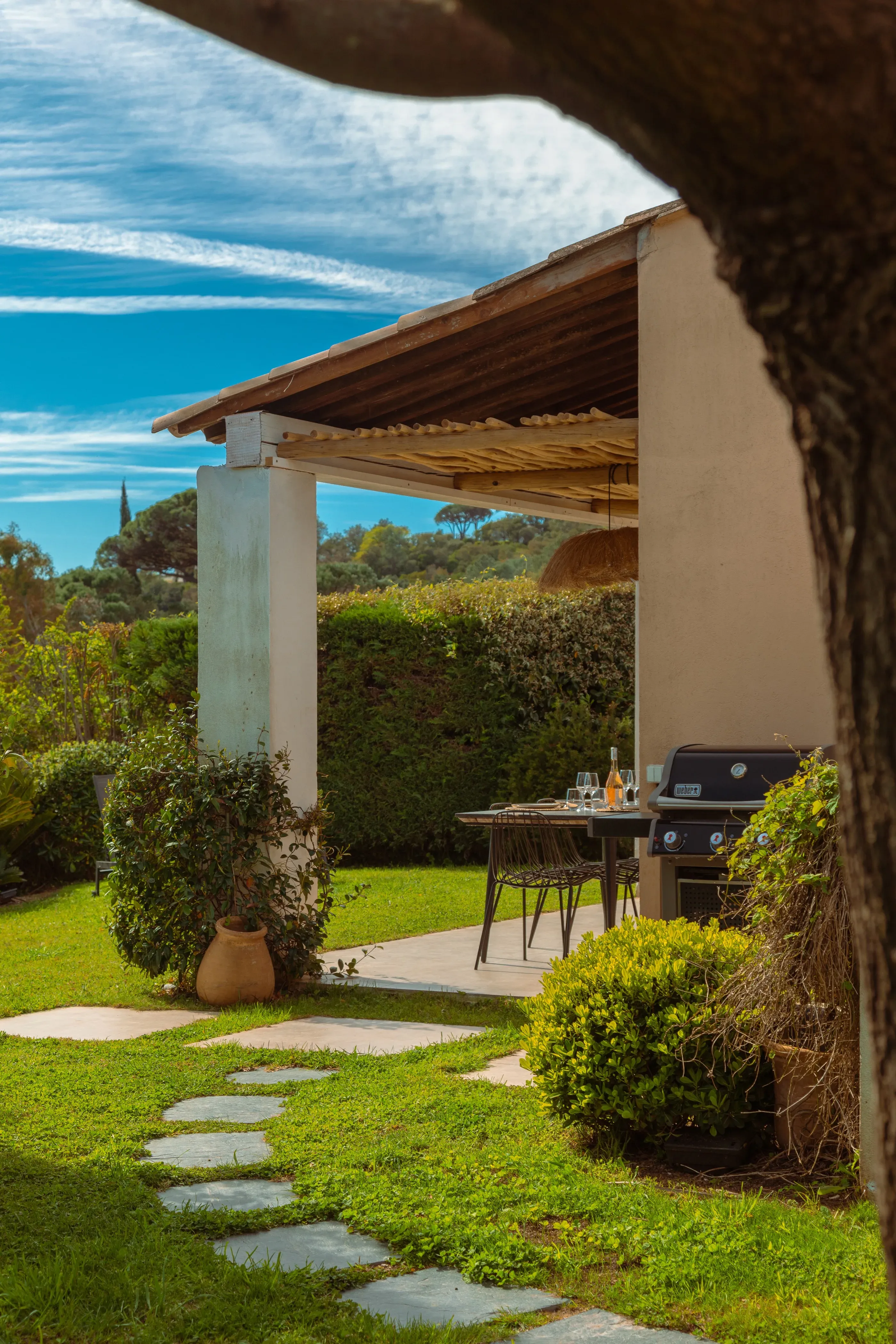 Jardin luxuriant entre palmiers et massifs
